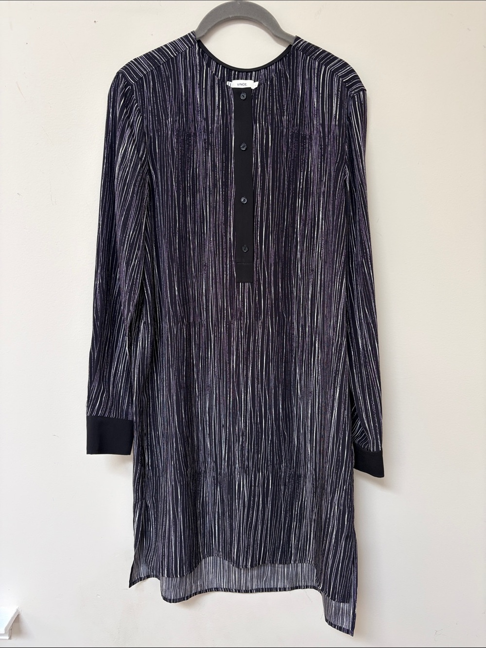 Vince Black and Silver Vertical Silk Stripe Long Sleeve Dress, Size S